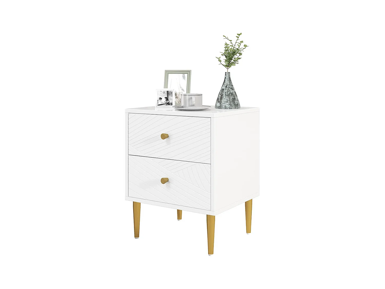 Table de chevet avec 2 tiroirs et poignées, pieds en acier, dimensions : 40 x 35 x 50 cm, couleur blanche.