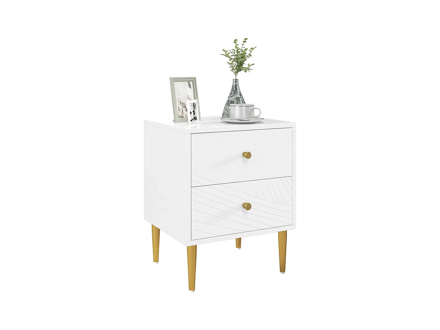 Table de chevet avec 2 tiroirs et poignées, pieds en acier, dimensions : 40 x 35 x 50 cm, couleur blanche.
