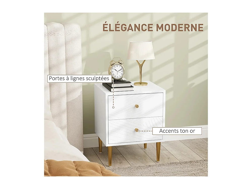 Table de chevet avec 2 tiroirs et poignées, pieds en acier, dimensions : 40 x 35 x 50 cm, couleur blanche.