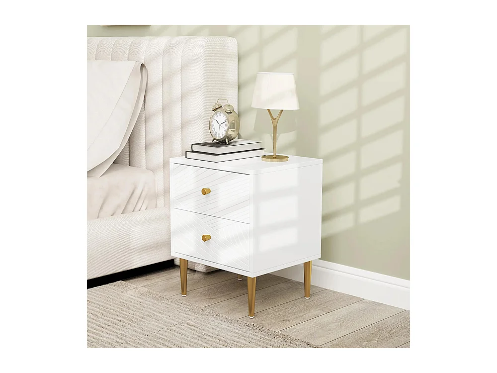 Table de chevet avec 2 tiroirs et poignées, pieds en acier, dimensions : 40 x 35 x 50 cm, couleur blanche.