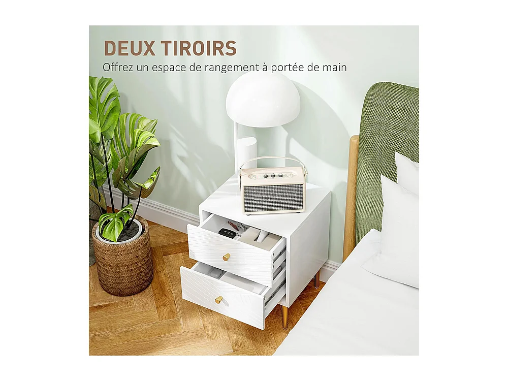 Table de chevet avec 2 tiroirs et poignées, pieds en acier, dimensions : 40 x 35 x 50 cm, couleur blanche.
