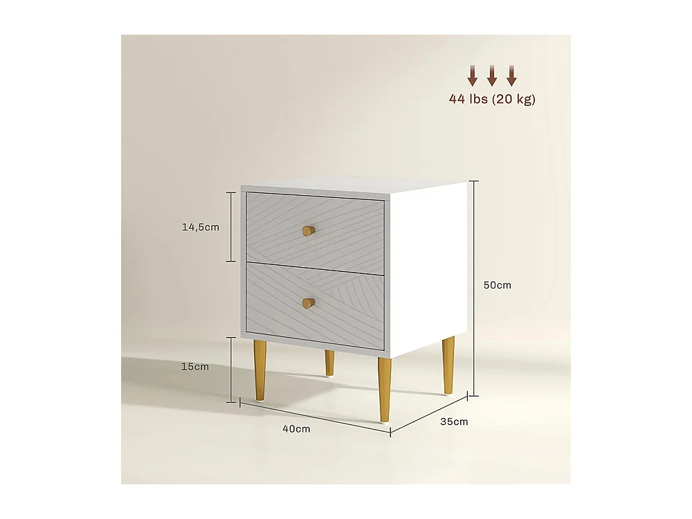 Table de chevet avec 2 tiroirs et poignées, pieds en acier, dimensions : 40 x 35 x 50 cm, couleur blanche.