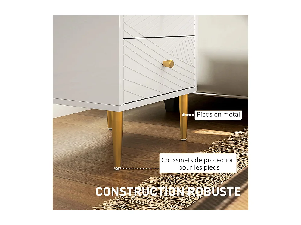 Table de chevet avec 2 tiroirs et poignées, pieds en acier, dimensions : 40 x 35 x 50 cm, couleur blanche.