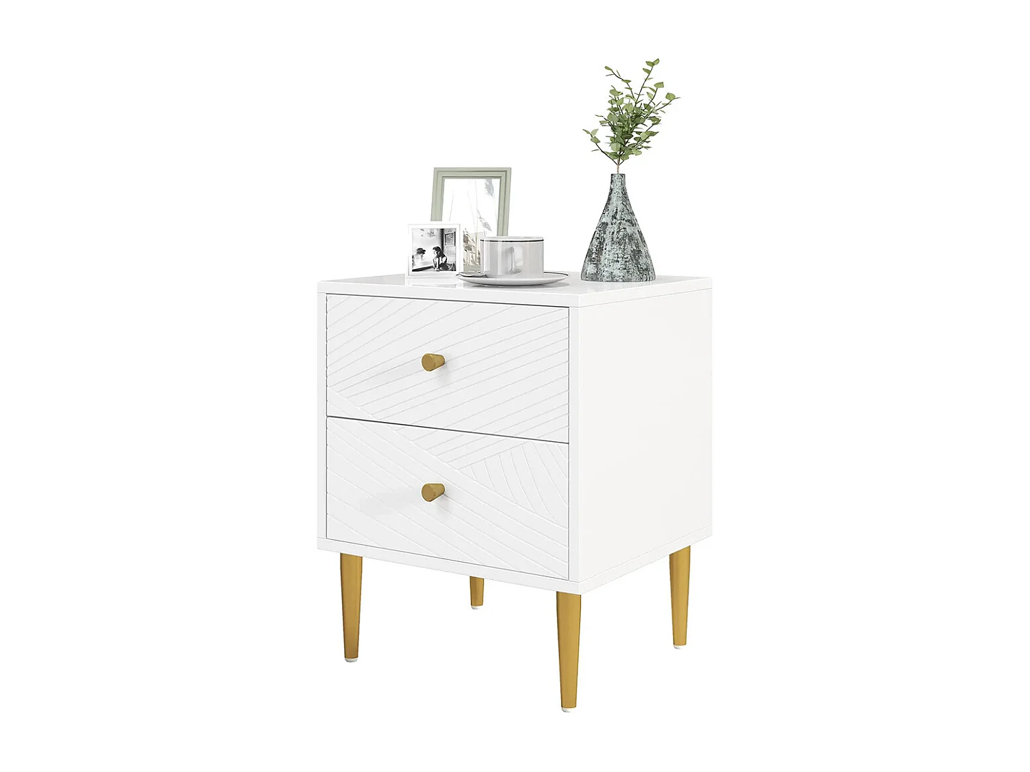 Table de chevet avec 2 tiroirs et poignées, pieds en acier, dimensions : 40 x 35 x 50 cm, couleur blanche.