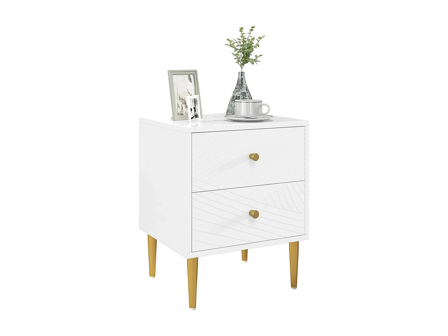 Table de chevet avec 2 tiroirs et poignées, pieds en acier, dimensions : 40 x 35 x 50 cm, couleur blanche.