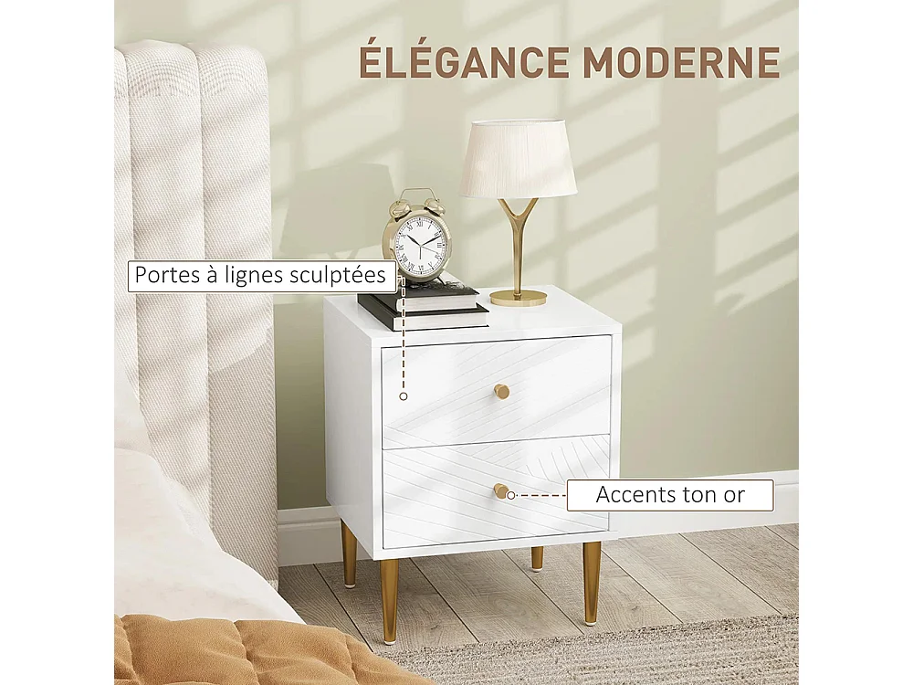 Table de chevet avec 2 tiroirs et poignées, pieds en acier, dimensions : 40 x 35 x 50 cm, couleur blanche.