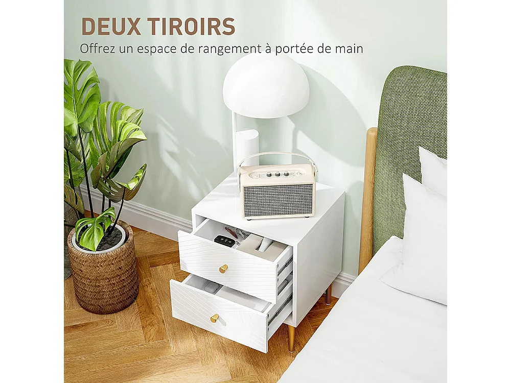Table de chevet avec 2 tiroirs et poignées, pieds en acier, dimensions : 40 x 35 x 50 cm, couleur blanche.
