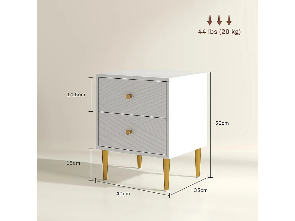 Table de chevet avec 2 tiroirs et poignées, pieds en acier, dimensions : 40 x 35 x 50 cm, couleur blanche.