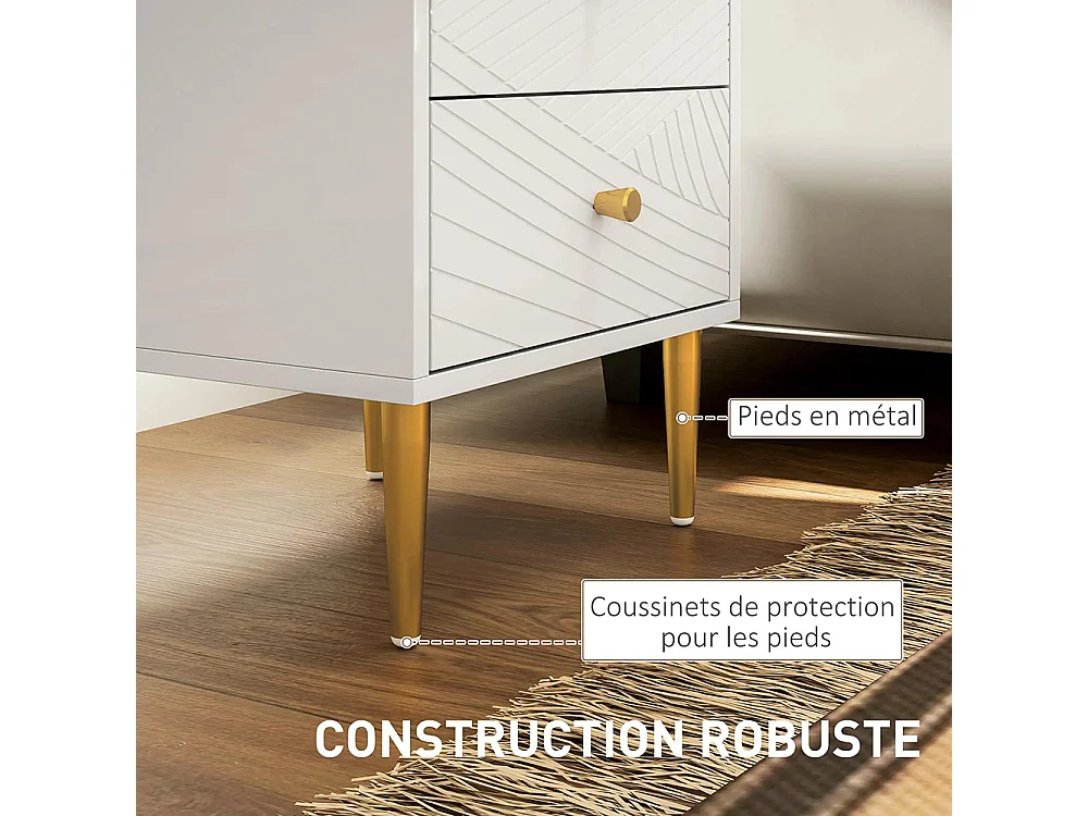 Table de chevet avec 2 tiroirs et poignées, pieds en acier, dimensions : 40 x 35 x 50 cm, couleur blanche.