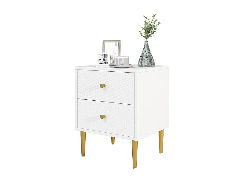 Table de chevet avec 2 tiroirs et poignées, pieds en acier, dimensions : 40 x 35 x 50 cm, couleur blanche.