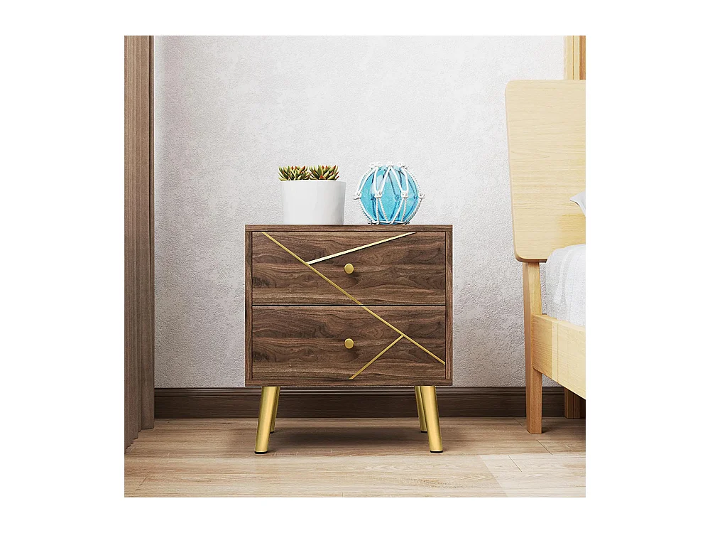 Table de chevet table de nuit avec 2 tiroirs poignées dorés pieds en acier 45 x 35 x 50 cm grain de bois marron