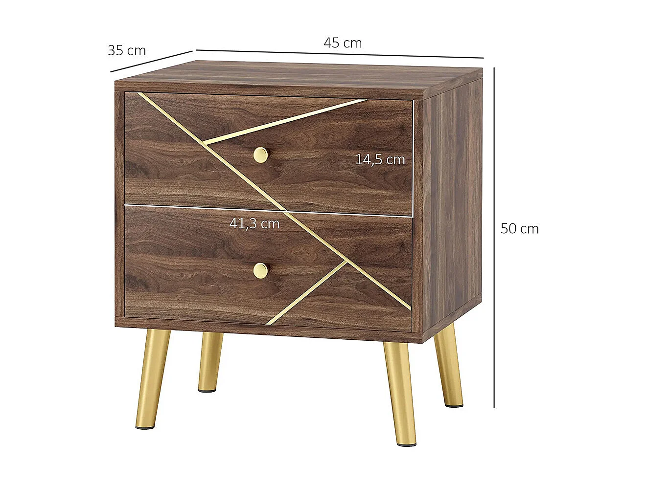 Table de chevet table de nuit avec 2 tiroirs poignées dorés pieds en acier 45 x 35 x 50 cm grain de bois marron
