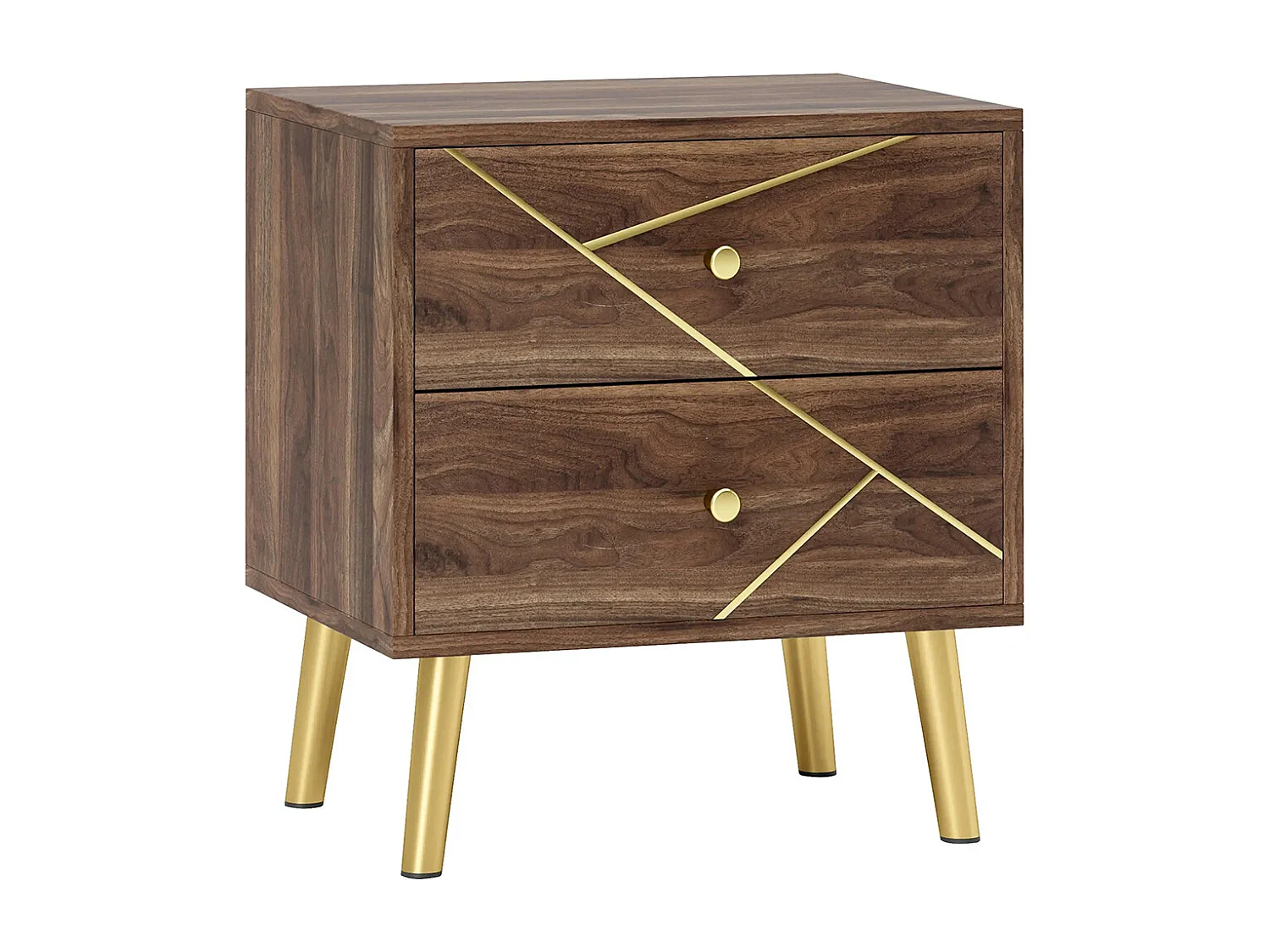 Table de chevet table de nuit avec 2 tiroirs poignées dorés pieds en acier 45 x 35 x 50 cm grain de bois marron