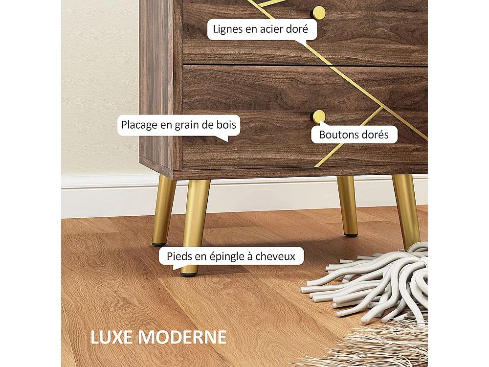 Table de chevet table de nuit avec 2 tiroirs poignées dorés pieds en acier 45 x 35 x 50 cm grain de bois marron