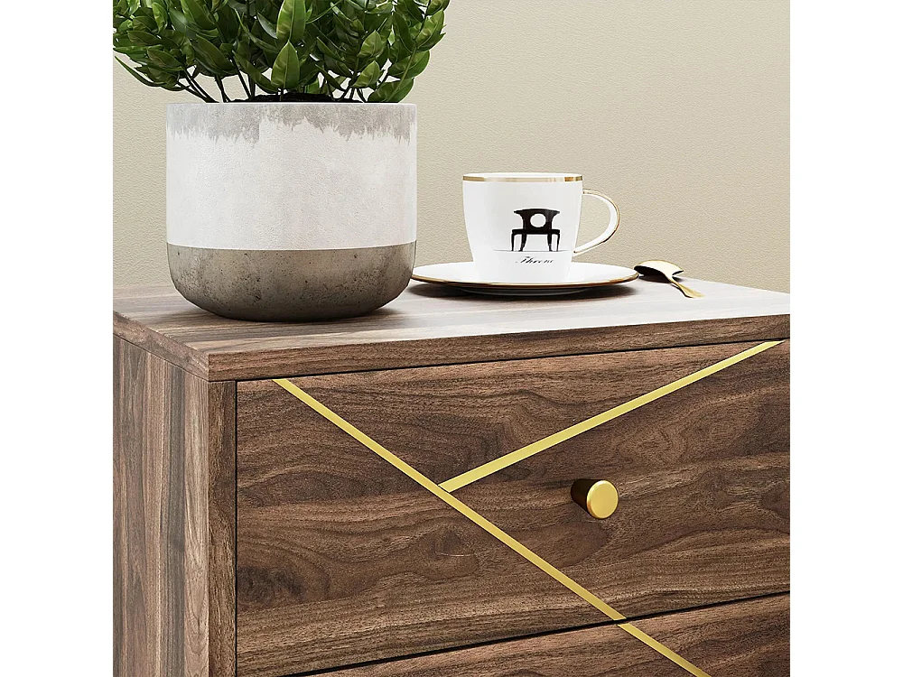 Table de chevet table de nuit avec 2 tiroirs poignées dorés pieds en acier 45 x 35 x 50 cm grain de bois marron