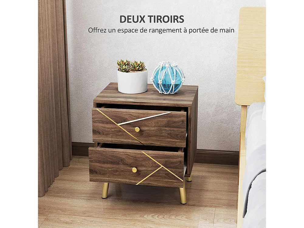 Table de chevet table de nuit avec 2 tiroirs poignées dorés pieds en acier 45 x 35 x 50 cm grain de bois marron