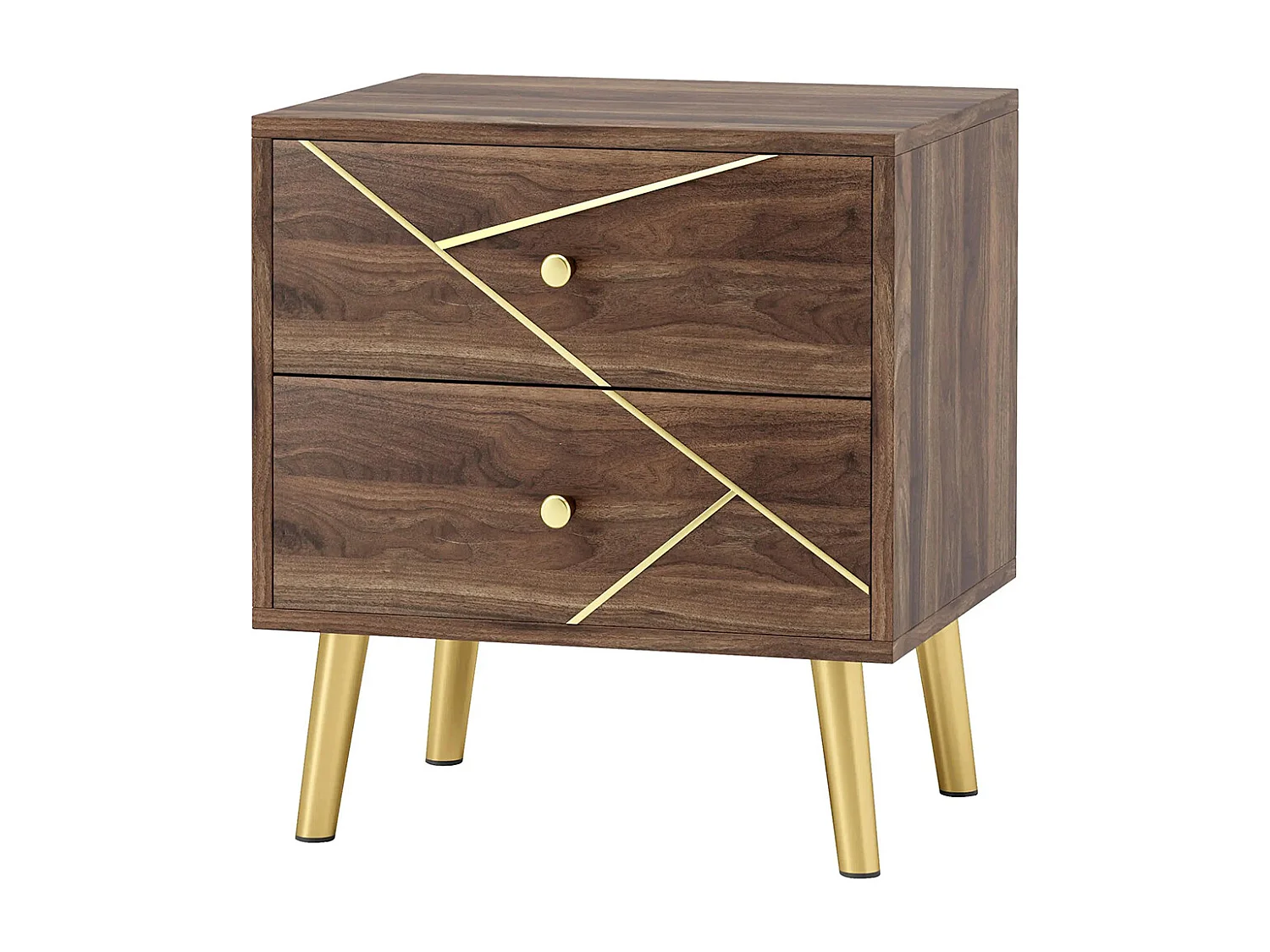 Table de chevet table de nuit avec 2 tiroirs poignées dorés pieds en acier 45 x 35 x 50 cm grain de bois marron