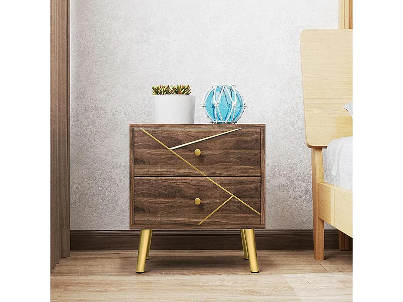 Table de chevet table de nuit avec 2 tiroirs poignées dorés pieds en acier 45 x 35 x 50 cm grain de bois marron