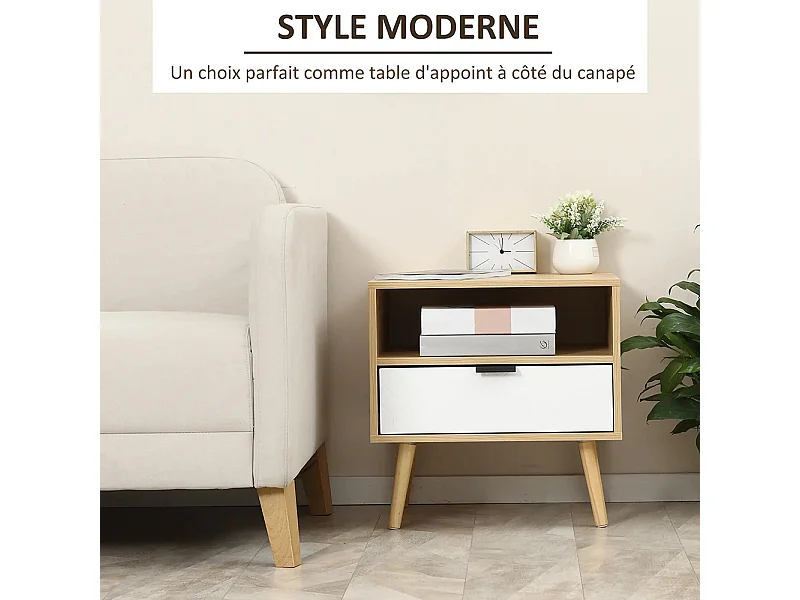 Table de chevet avec tiroir, en aggloméré, avec pieds en bois massif, dimensions : 50 x 39,5 x 49,5 cm, décorée d'un motif en chevrons, Bois naturel