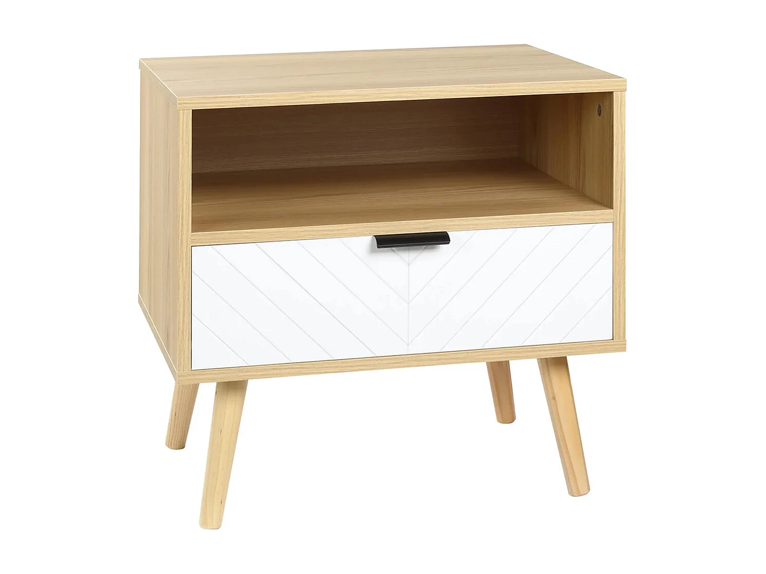 Table de chevet avec tiroir, en aggloméré, avec pieds en bois massif, dimensions : 50 x 39,5 x 49,5 cm, décorée d'un motif en chevrons, Bois naturel