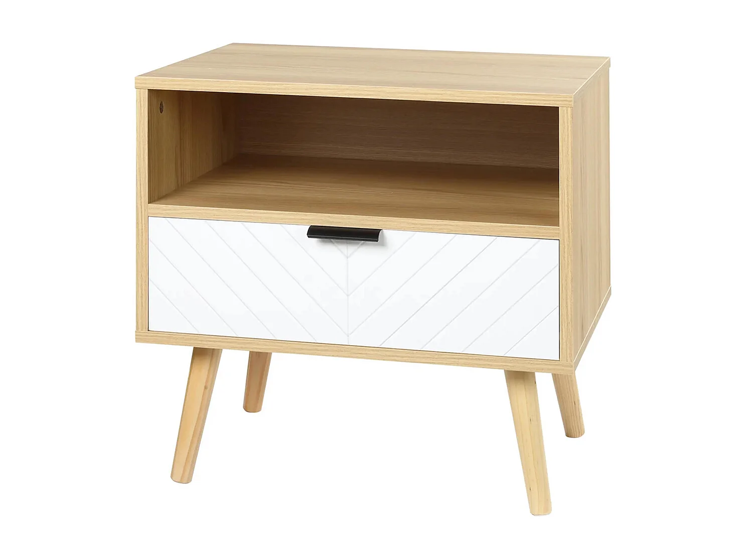 Table de chevet avec tiroir, en aggloméré, avec pieds en bois massif, dimensions : 50 x 39,5 x 49,5 cm, décorée d'un motif en chevrons, Bois naturel