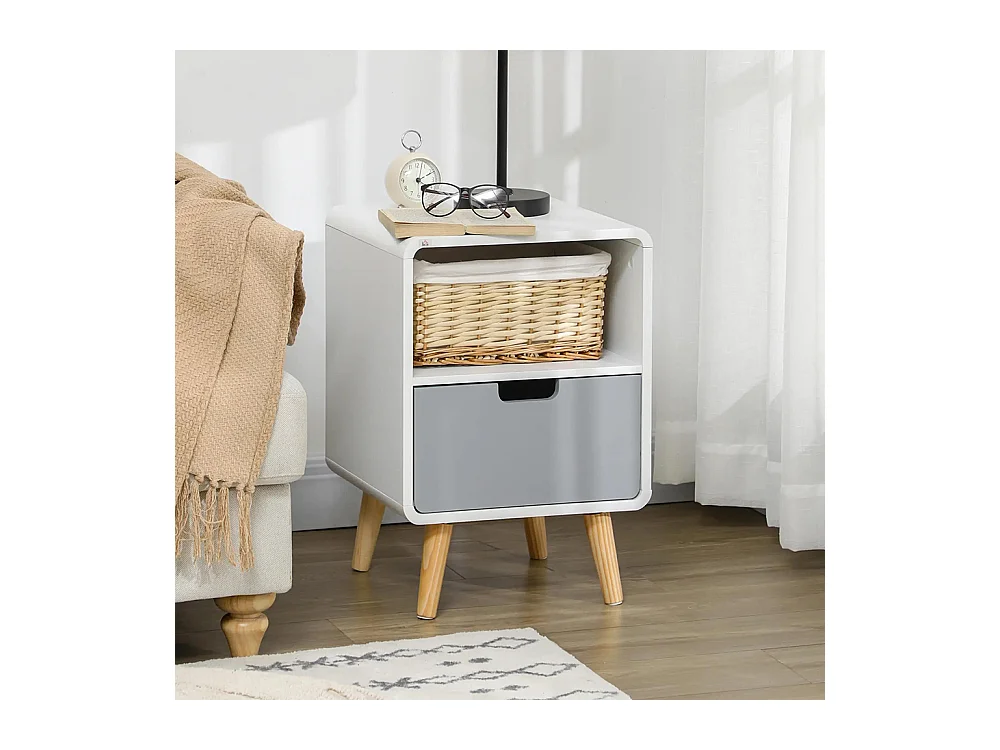 Table de chevet 40L x 38l x 58H cm, avec tiroir + compartiment de rangement, en bois blanc, bleu ou gris, style nordique.