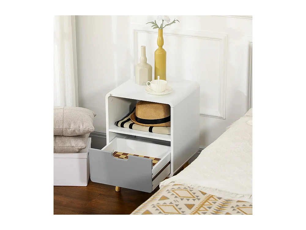 Table de chevet 40L x 38l x 58H cm, avec tiroir + compartiment de rangement, en bois blanc, bleu ou gris, style nordique.