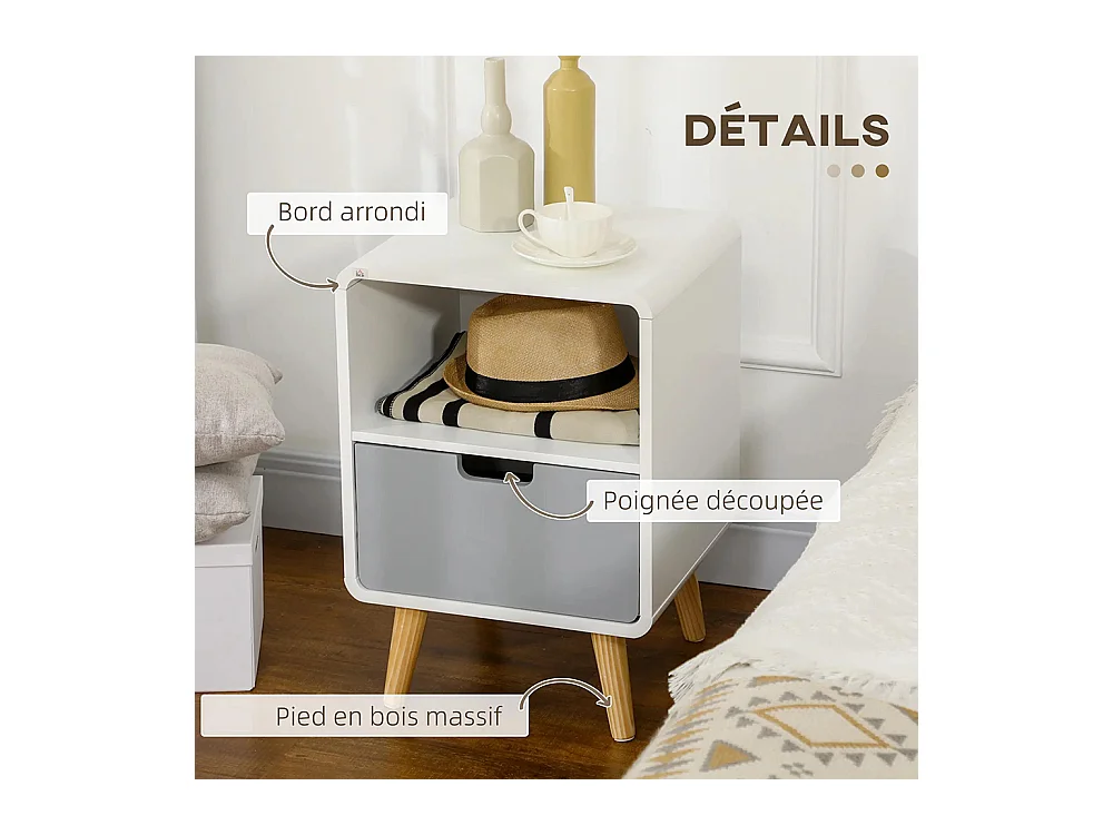 Table de chevet 40L x 38l x 58H cm, avec tiroir + compartiment de rangement, en bois blanc, bleu ou gris, style nordique.