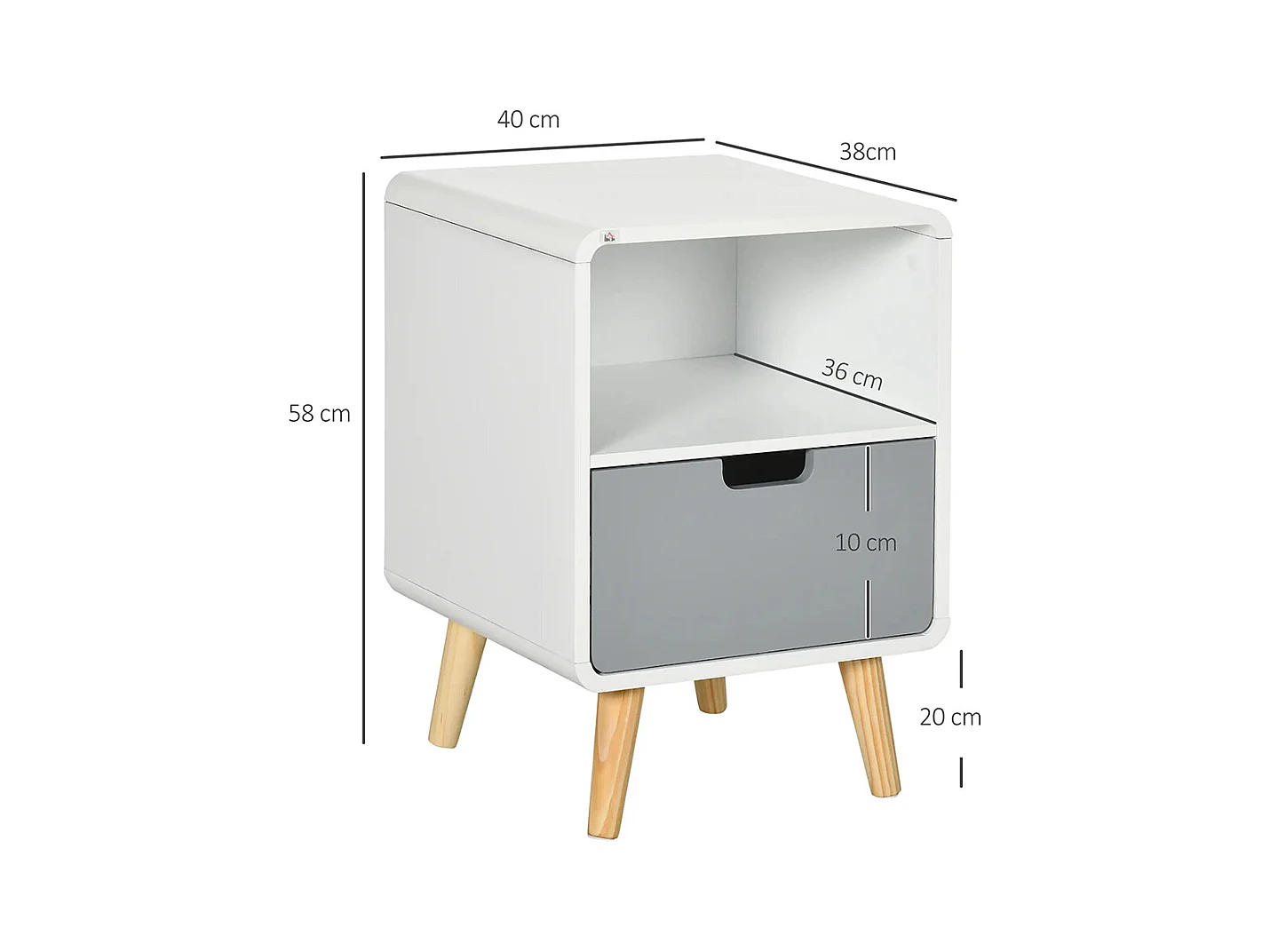 Table de chevet 40L x 38l x 58H cm, avec tiroir + compartiment de rangement, en bois blanc, bleu ou gris, style nordique.