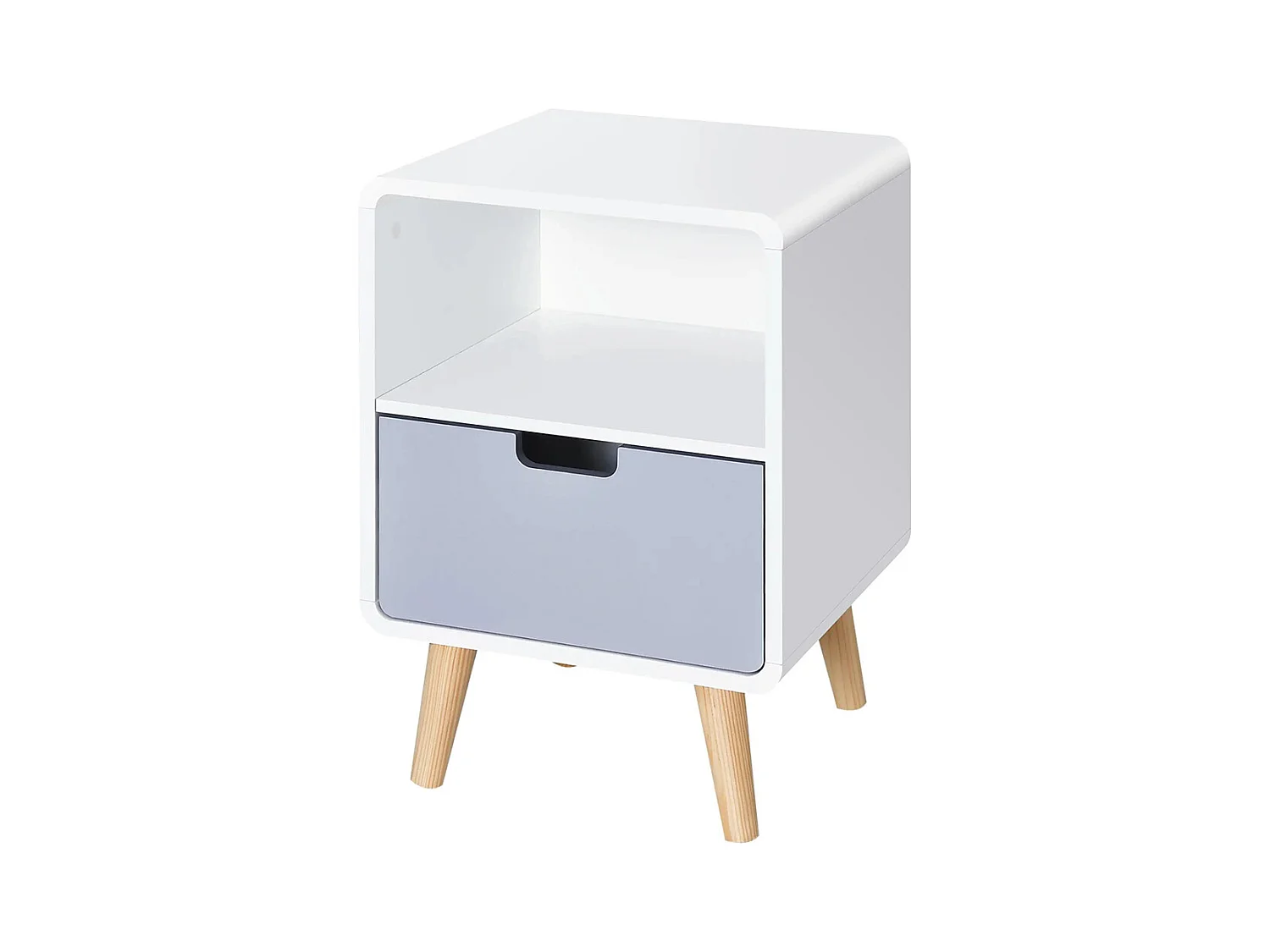 Table de chevet 40L x 38l x 58H cm, avec tiroir + compartiment de rangement, en bois blanc, bleu ou gris, style nordique.