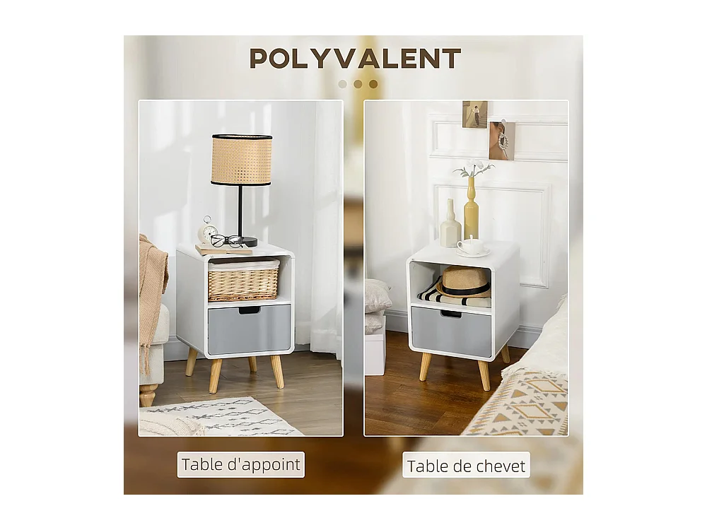 Table de chevet 40L x 38l x 58H cm, avec tiroir + compartiment de rangement, en bois blanc, bleu ou gris, style nordique.