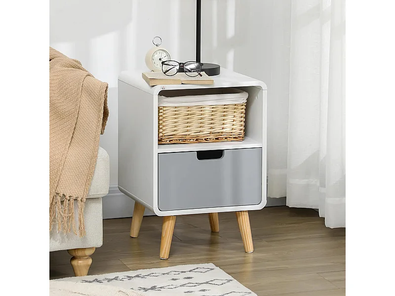 Table de chevet 40L x 38l x 58H cm, avec tiroir + compartiment de rangement, en bois blanc, bleu ou gris, style nordique.