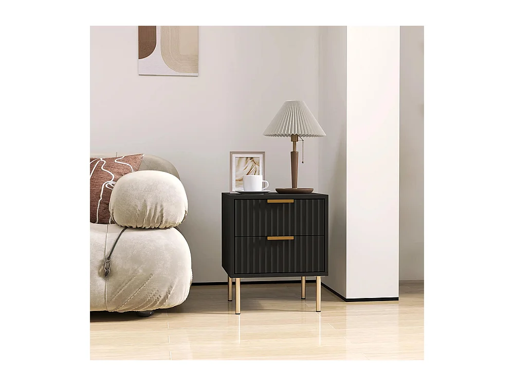 Table de chevet, table de chevet avec rainures, équipée de 2 tiroirs et de pieds en acier, couleur noire.