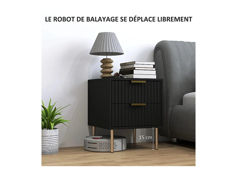 Table de chevet, table de chevet avec rainures, équipée de 2 tiroirs et de pieds en acier, couleur noire.