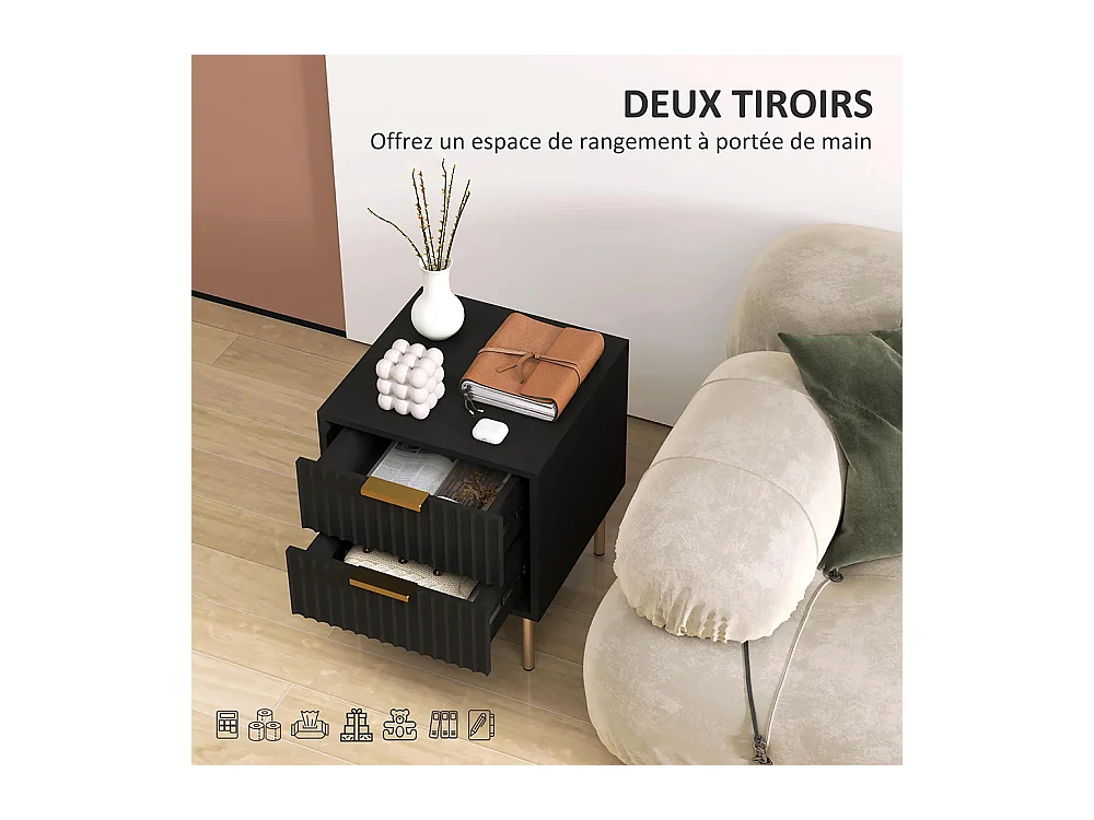 Table de chevet, table de chevet avec rainures, équipée de 2 tiroirs et de pieds en acier, couleur noire.