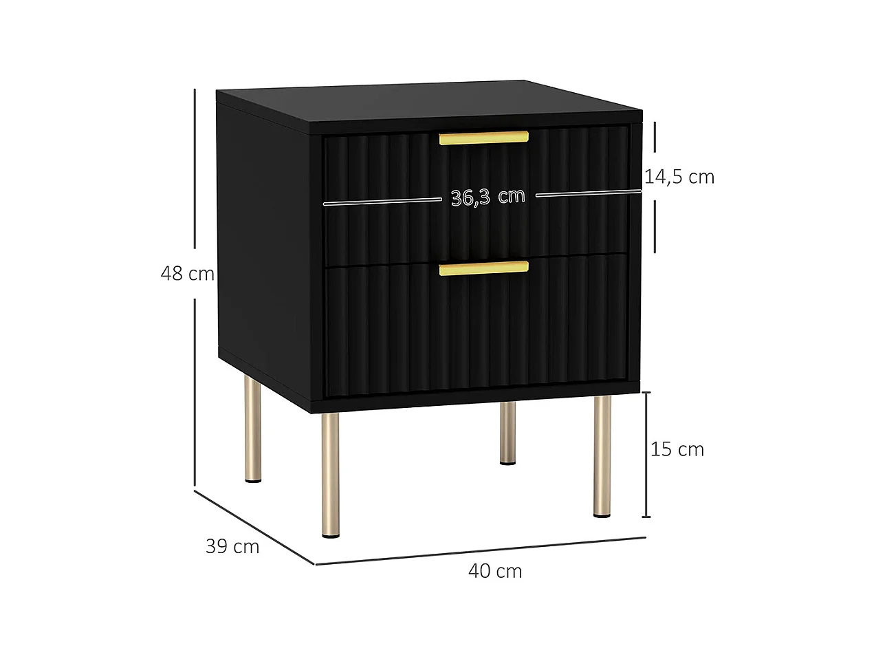 Table de chevet, table de chevet avec rainures, équipée de 2 tiroirs et de pieds en acier, couleur noire.