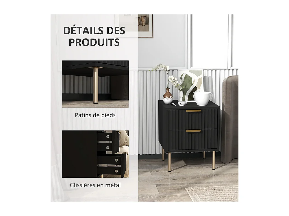 Table de chevet, table de chevet avec rainures, équipée de 2 tiroirs et de pieds en acier, couleur noire.