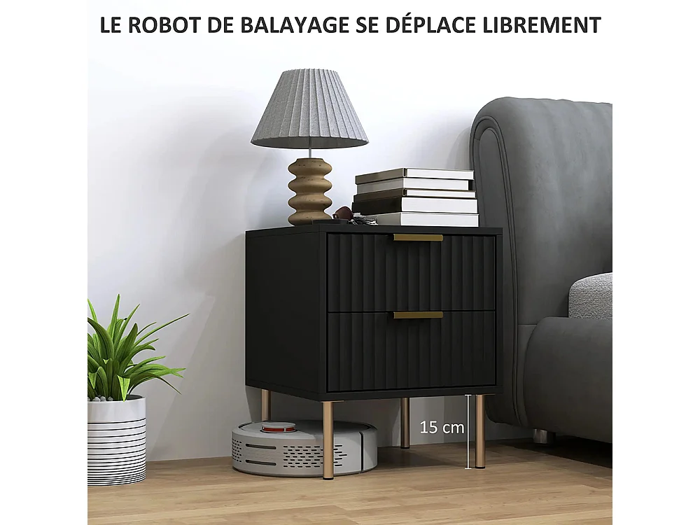Table de chevet, table de chevet avec rainures, équipée de 2 tiroirs et de pieds en acier, couleur noire.