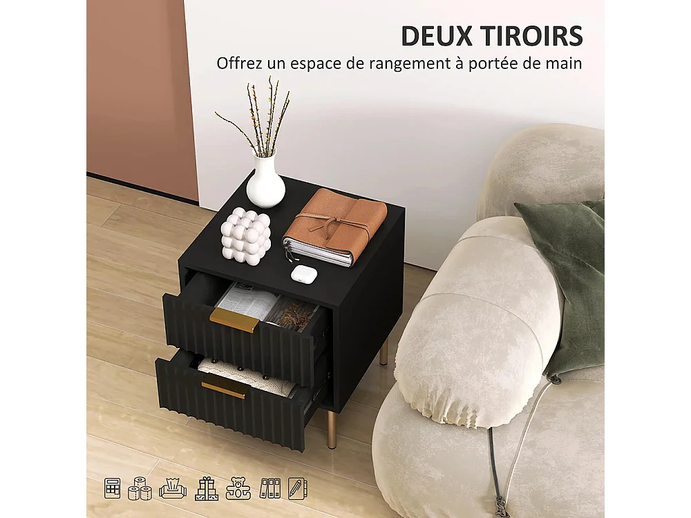 Table de chevet, table de chevet avec rainures, équipée de 2 tiroirs et de pieds en acier, couleur noire.