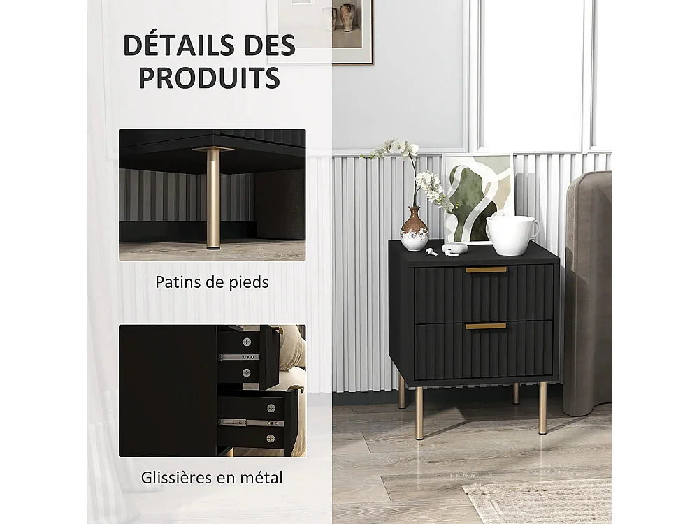 Table de chevet, table de chevet avec rainures, équipée de 2 tiroirs et de pieds en acier, couleur noire.