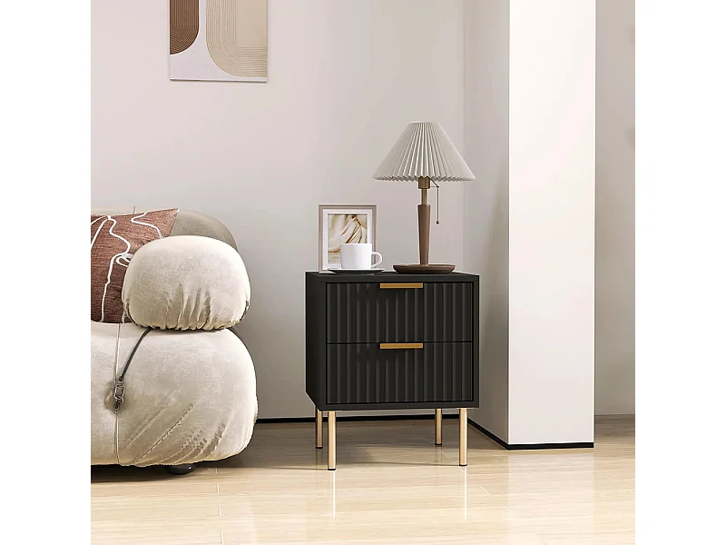 Table de chevet, table de chevet avec rainures, équipée de 2 tiroirs et de pieds en acier, couleur noire.