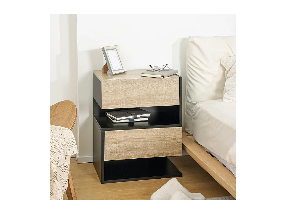 Ensemble de 2 tables de chevet murales - Ensemble de 2 tables de chevet - Avec tiroirs et étagères, finition noir et chêne bicolore