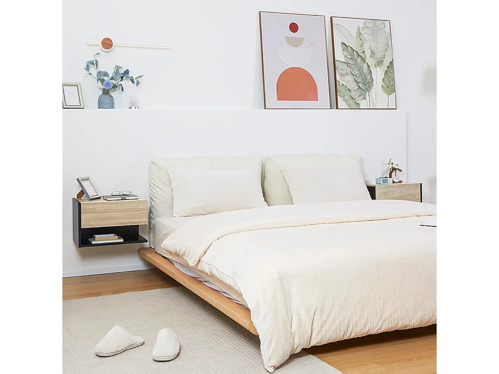 Ensemble de 2 tables de chevet murales - Ensemble de 2 tables de chevet - Avec tiroirs et étagères, finition noir et chêne bicolore