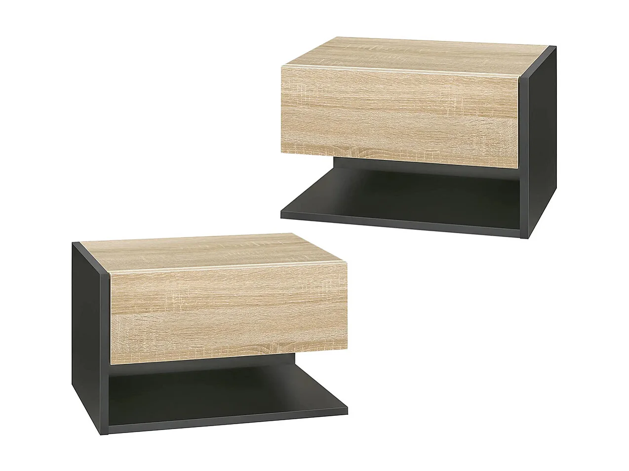 Ensemble de 2 tables de chevet murales - Ensemble de 2 tables de chevet - Avec tiroirs et étagères, finition noir et chêne bicolore
