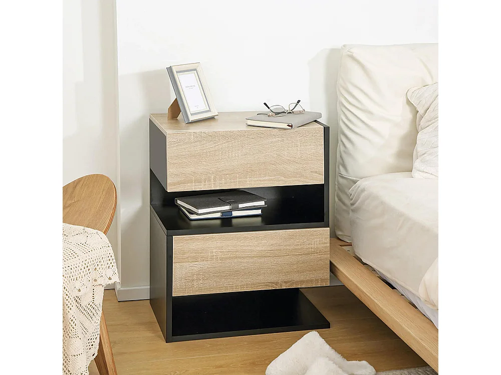 Ensemble de 2 tables de chevet murales - Ensemble de 2 tables de chevet - Avec tiroirs et étagères, finition noir et chêne bicolore