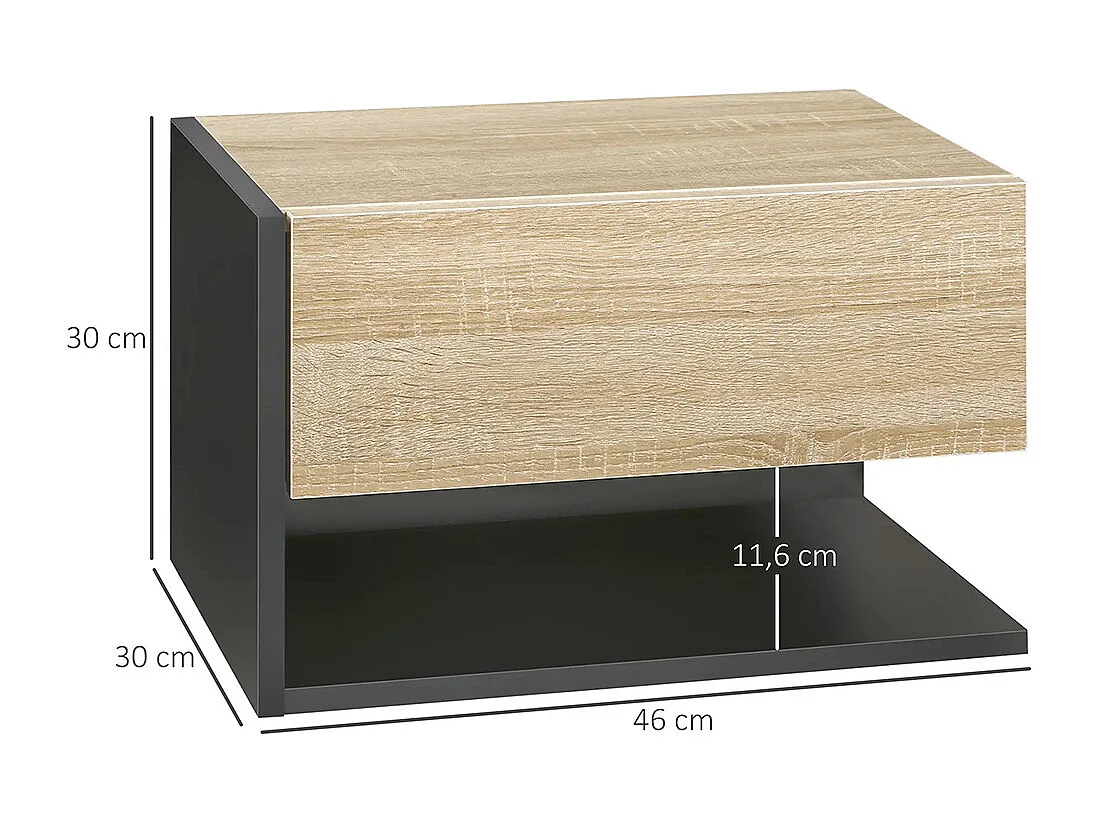 Ensemble de 2 tables de chevet murales - Ensemble de 2 tables de chevet - Avec tiroirs et étagères, finition noir et chêne bicolore