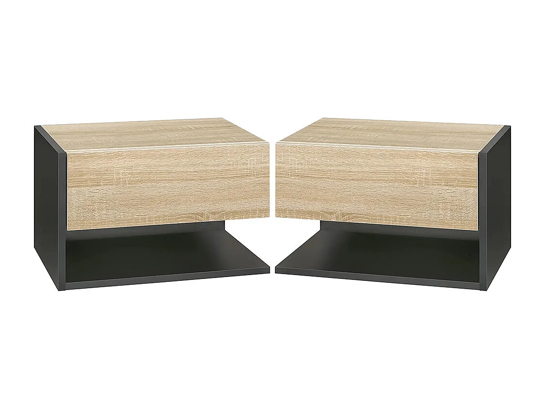 Ensemble de 2 tables de chevet murales - Ensemble de 2 tables de chevet - Avec tiroirs et étagères, finition noir et chêne bicolore