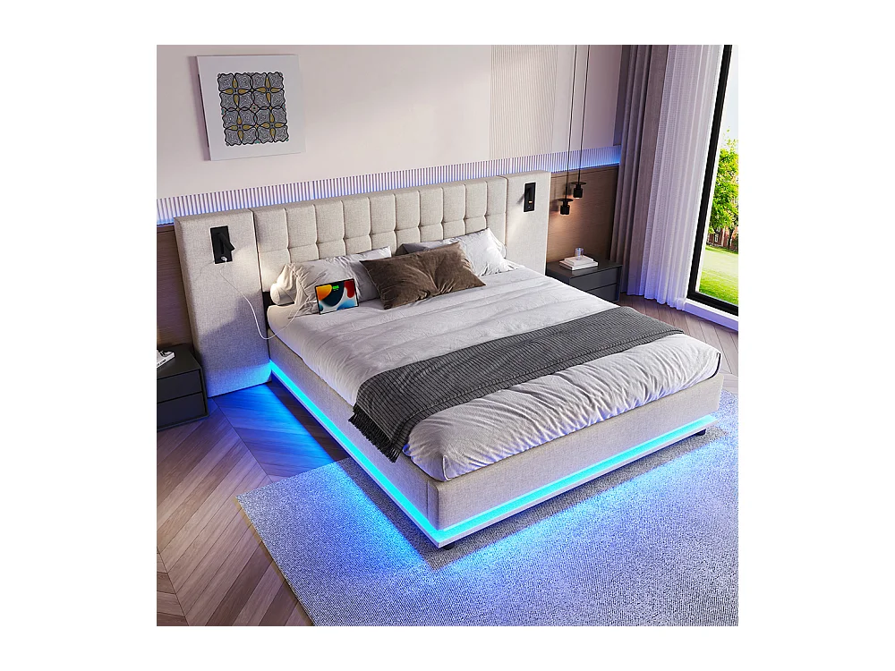 Cama doble para adultos 180 x 200 cm, con tira LED, cabecero con focos, puerto USB, sin colchón, de lino, beige