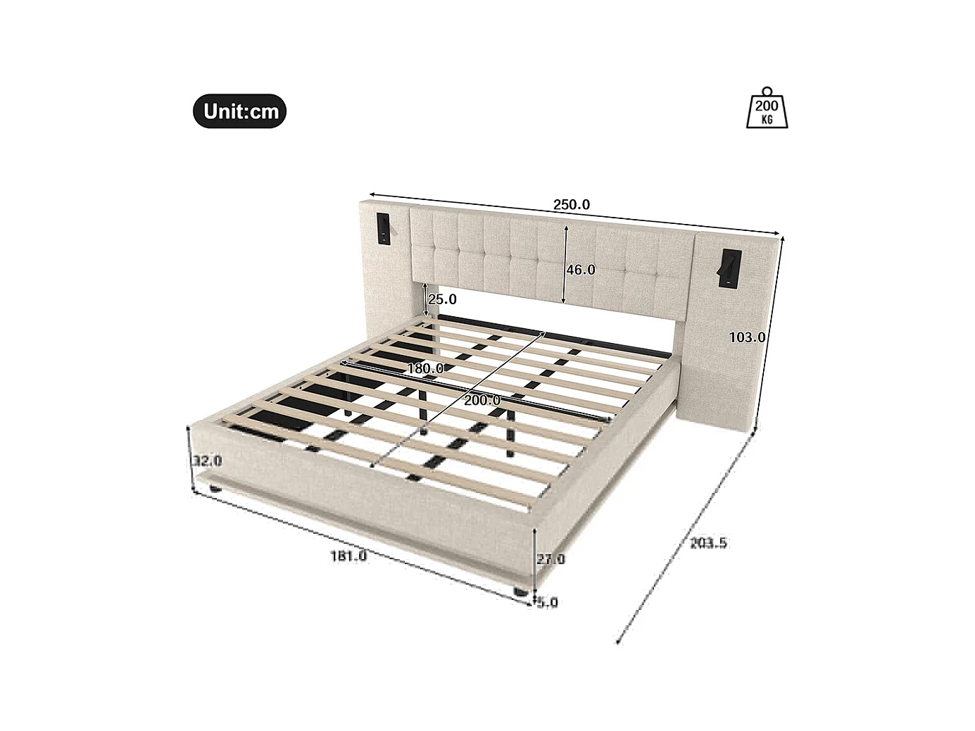 Cama doble para adultos 180 x 200 cm, con tira LED, cabecero con focos, puerto USB, sin colchón, de lino, beige