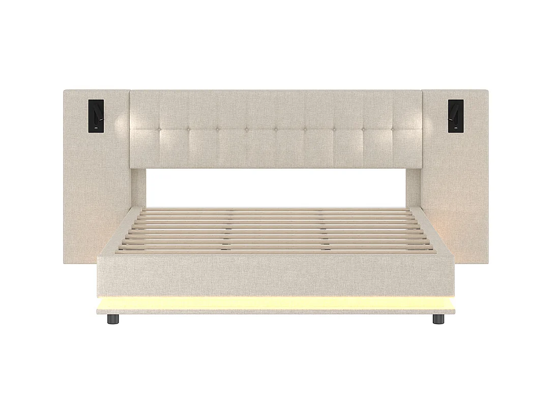 Cama doble para adultos 180 x 200 cm, con tira LED, cabecero con focos, puerto USB, sin colchón, de lino, beige